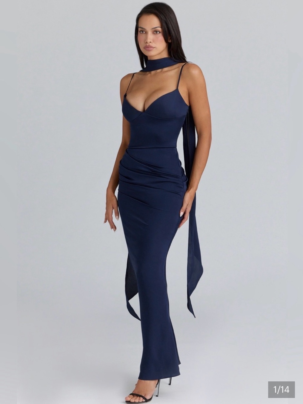 House of CB Freya Gathered Satin Spaghetti Strap Gown Navy NWOT